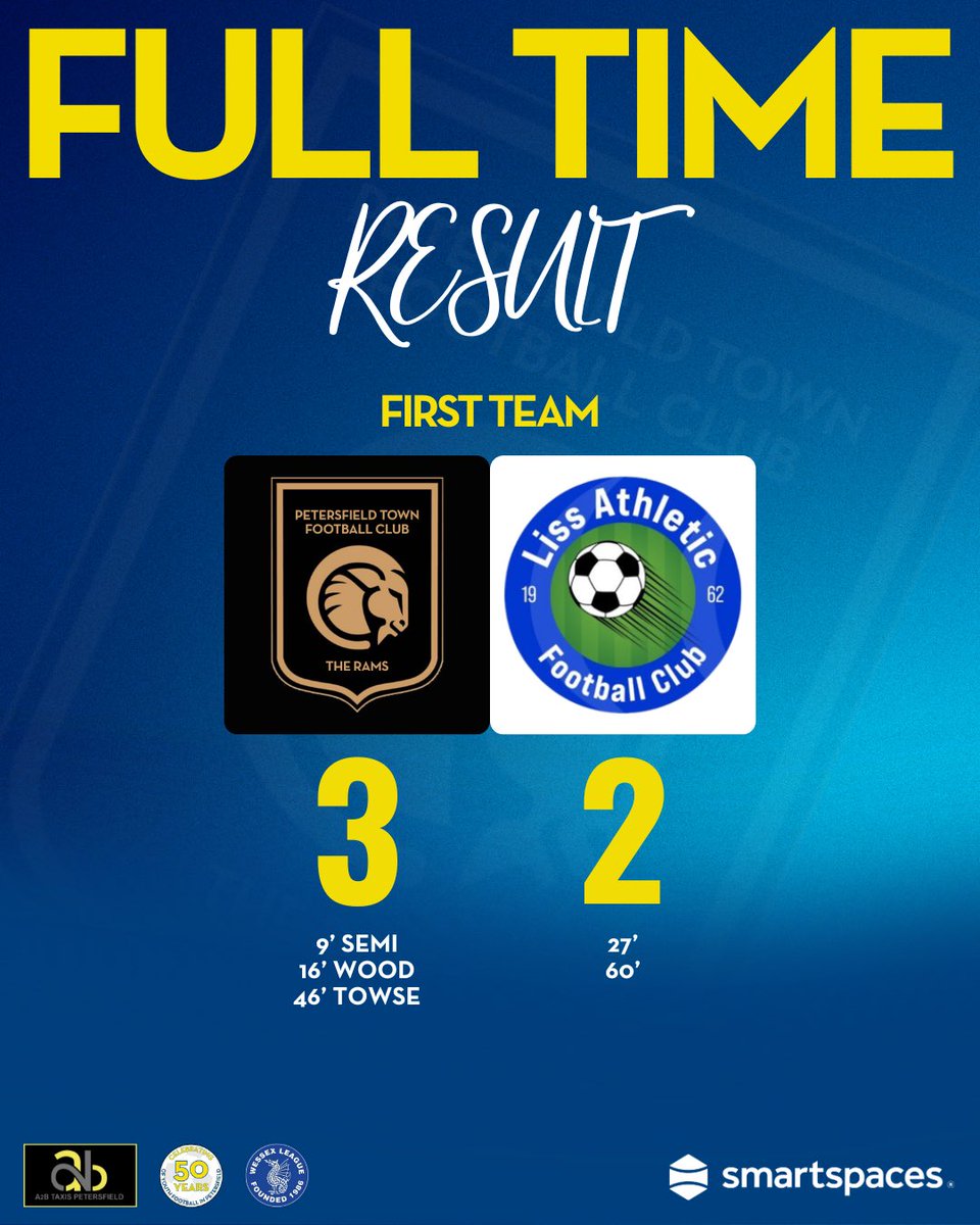 ⏱️| 𝙁𝙐𝙇𝙇 𝙏𝙄𝙈𝙀

The Rams 3-2 Liss Athletic

Through to the next round. Rams goals from Kian Towse, Dan Wood and Asad Semi.

#UpTheRams

<a href="/bookyourtaxi/">A2B Taxis</a> 
<a href="/SmartSpacesApp/">Smart Spaces®</a>