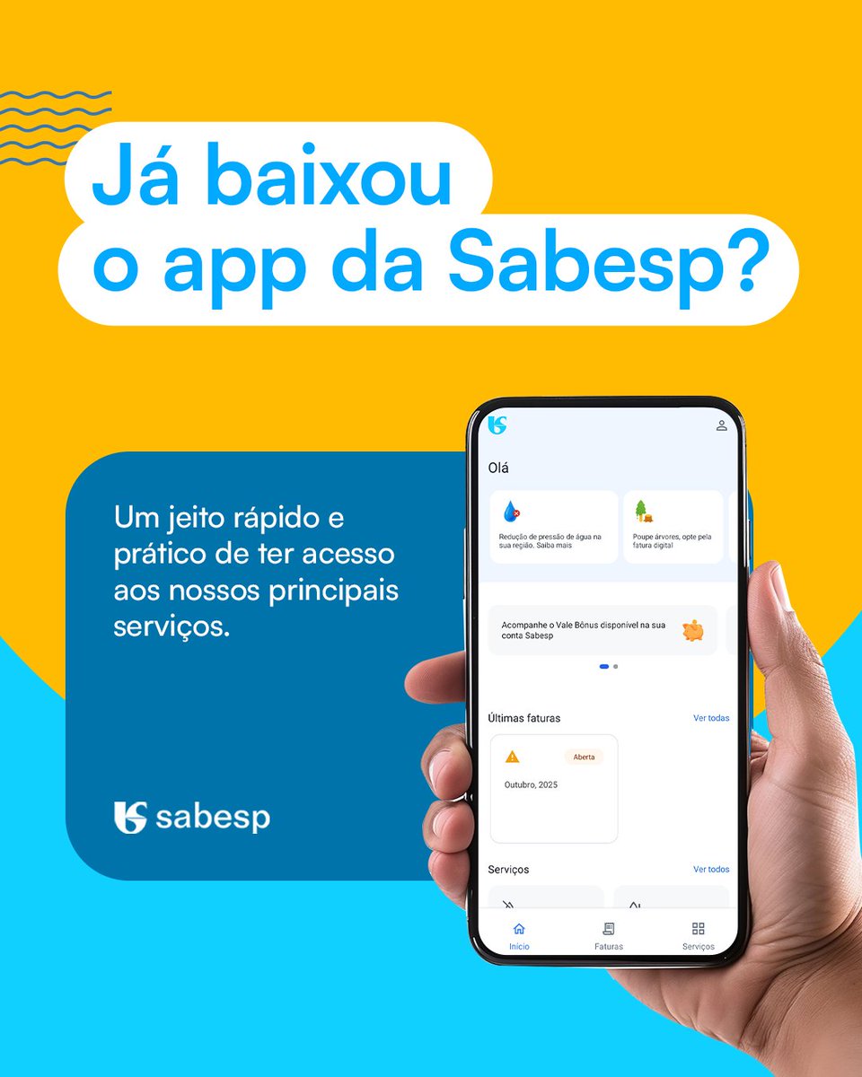sabesp's tweet image. Já baixou o aplicativo Sabesp? Tenha acesso rápido aos principais serviços sem precisar sair de casa.
É praticidade, segurança e agilidade na palma da mão, é a Sabesp está cada vez mais digital para facilitar seu dia a dia.
Baixe grátis na Google Play ou App Store.
