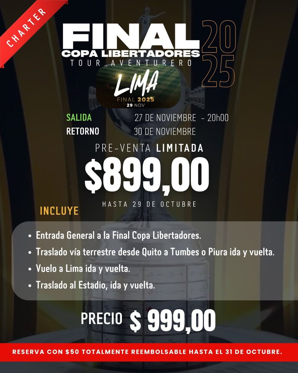 PatricioJDiaz's tweet image. A Lima con LDU:
TOUR AVENTURERO 2
🚌 Vía terrestre QUITO-TUMBES O PIURA ida y vuelta
✈️Vuelo a Lima ida y vuelta
🚐🎟️Traslados+Entrada

💥Preventa Limitada a las primeras 100 personas: $899

Reserva con $50 usd totalmente reembolsable hasta el 31 de Octubre.
📱099-78-78-237