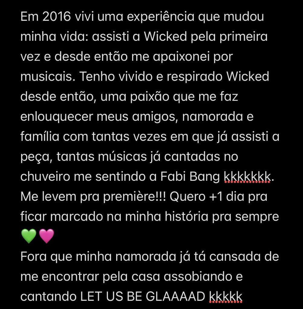 biiiacampoos's tweet photo. TENHAM PIEDADE E ME CONVIDEM PRA REALIZAR ESSE SONHO!!!

Tenho vivido wicked há 10 anos e vou aproveitar esse dia como nunca!!

#EuNaPremiereDeWicked 
@wickedmusicalbr 
@UniversalPicsBr 
@tvglobo https://t.co/741zRIE3u7