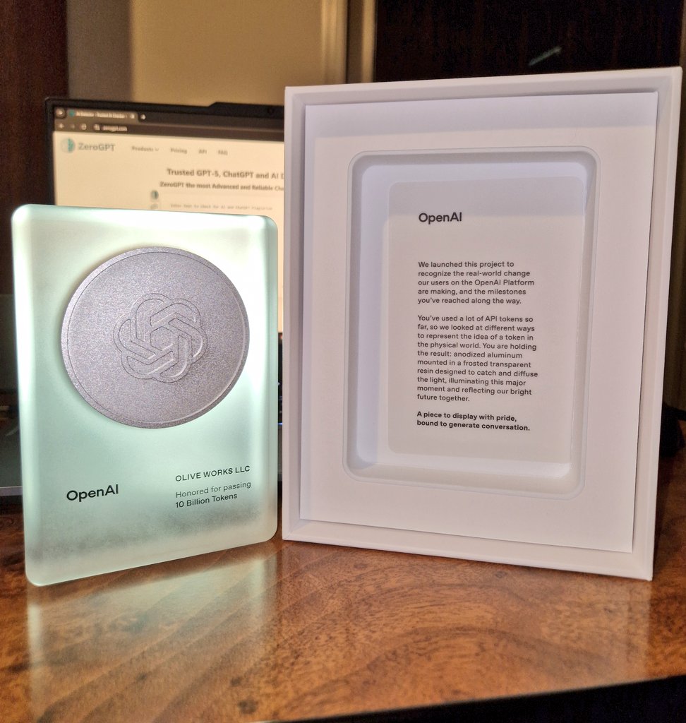 🚀 We just crossed 10 billion tokens — and OpenAI noticed.
<a href="/ZeroGpt/">ZeroGPT</a> was recognized with a “Tokens of Appreciation” award for hitting this milestone.
Yes, the plaque looks great (thanks, <a href="/sama/">Sam Altman</a> 😉). But the real story is what’s behind the number: