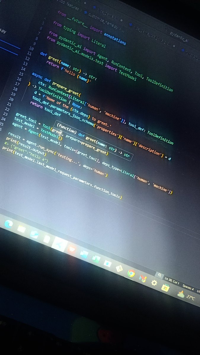 OpeyemiBolatit1's tweet image. More time with Pydantic AI docs .
Looked at function tools, dependencies, and some advanced features.
#PydanticAI #PythonDev #AIProjects #MachineLearning 
#buildinpublic 
#BuildingTheFuture