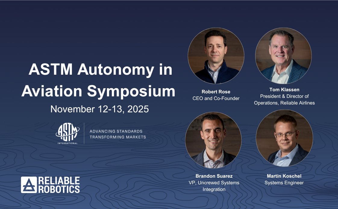 Reliable Robotics is gearing up for <a href="/ASTMIntl/">ASTM International</a>'s 6th Annual Autonomy in Aviation Symposium. Look out for our speakers participating throughout the event, and for more information, visit: na.eventscloud.com/ereg/index.php…

#aviation #aircraft #aerospace #autonomy #UAS