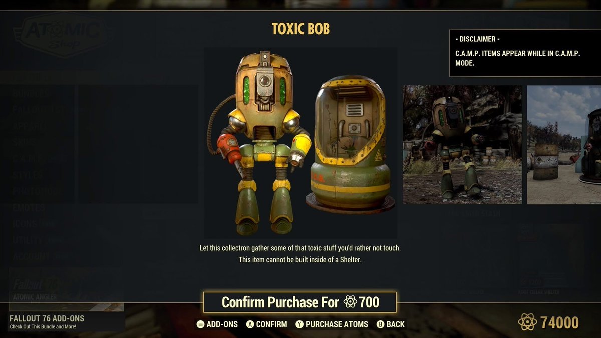 ⭐️ATOMIC SHOP UPDATE⭐️
NEW Camp Resource: Toxic Bob Collectron
Toxic Bob’s on cleanup duty! 🧪
This Collectron dives straight into the sludge to bring back all the nasty stuff—Dirty Water, Glowing Blood, Toxic Goo—you name it. No power needed, just pure hazardous hustle.