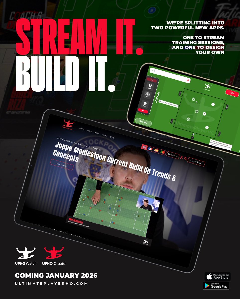 playersessionHQ's tweet image. 🚨 Big news from Ultimate Player HQ! 

We’re evolving into TWO powerful new apps 

⚽ UPHQ Watch: Stream animation training sessions
✍️ UPHQ Create: Design and build your own

Coming January 2026.

#StreamIt #BuildIt