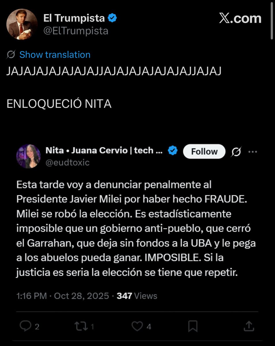 Nunca denuncié penalmente al gobierno ni creo (hasta donde sé) que haya habido fraude.

Esta captura de pantalla es una falsificación. Yo jamás postee esto. Esta persona trabaja para el gobierno creando fakes de opositores.

Por eso sí los voy a denunciar. Por favor compartan 👇