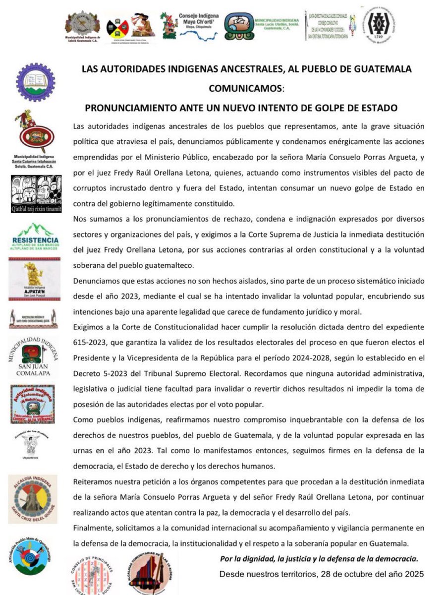 🚨 Las autoridades indígenas ancestrales denuncian un nuevo intento de golpe de Estado encabezado por Consuelo Porras y el juez Fredy Orellana.

Exigen su destitución inmediata y llaman a la <a href="/CC_Guatemala/">CC Guatemala</a> y <a href="/OJGuatemala/">Organismo Judicial</a> a defender la voluntad popular y la democracia.