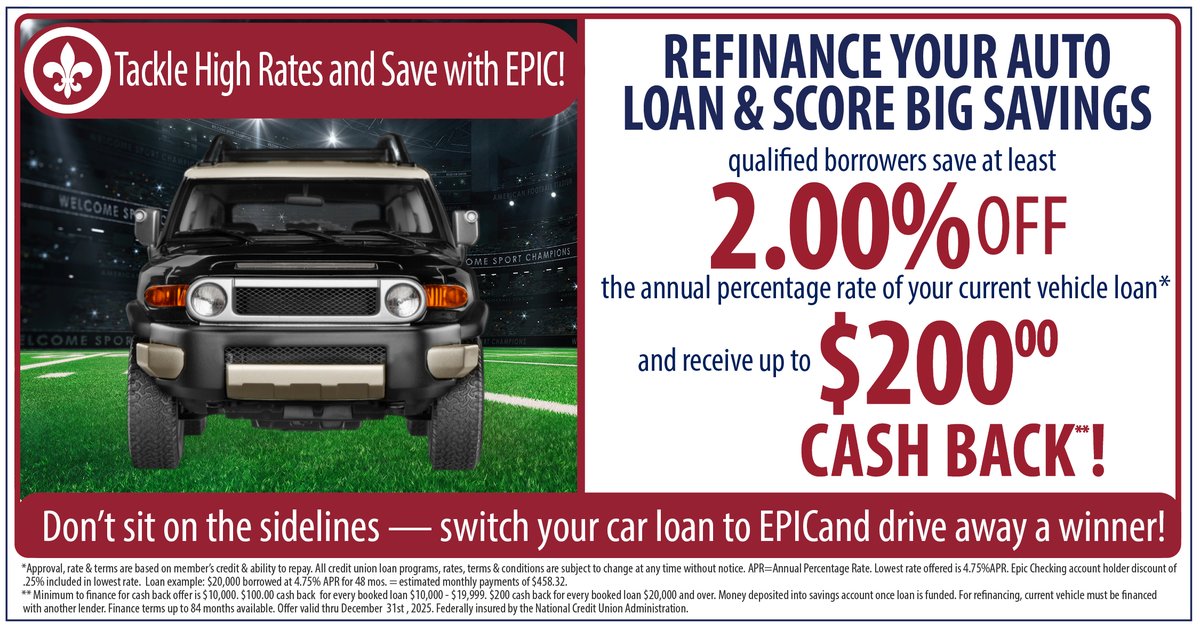 epicfcu's tweet image. 🚗 Now’s the perfect time to refinance your auto loan with EPIC FCU!
Enjoy lower rates + up to $200 cash back — it’s an easy way to save more and make your ride even more EPIC. 🙌 #EPICFCU #AutoRefi #RefinanceAndSave #CashBack