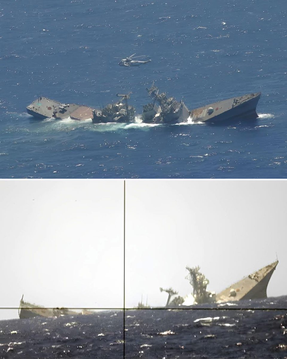 TRUFAULT's tweet photo. El ex #USSJohnYoung (DD-973) después de ser alcanzado por un torpedo Mk 48 Mod 6, durante el ejercicio #RIMPAC 04 disparado por el submarino #USSPasadena (SSN-752).
El ataque del torpedo causó una explosión masiva debajo del casco, rompiendo la nave en dos trozos.
🇺🇸⚓️
#USNavy https://t.co/7vKjTFnHEm
