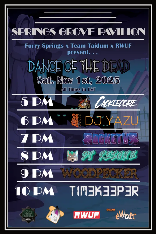 RWUFCLUB's tweet photo. The show isn't over yet! RWUF x Team Taidum x Furry Springs presents...

DANCE OF THE DEAD!

Come out and support some of our DJs this Saturday, Nov 1st, starting at 5PM EST! Can't wait to see y'all there!

Join via Furry Springs: https://t.co/kum7jZjmT8 https://t.co/PHZKMnNgCS