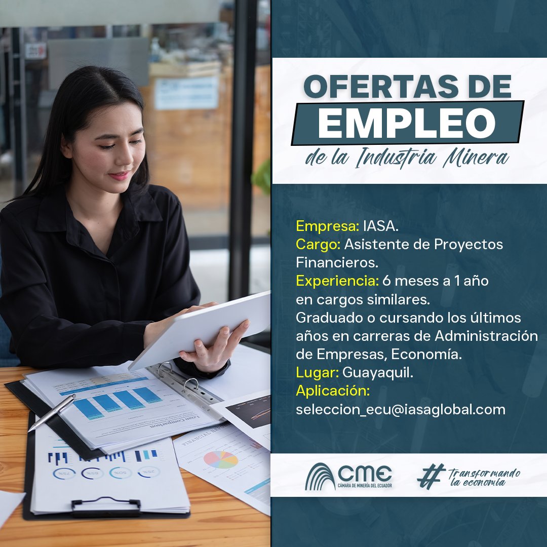 mineriaecuador's tweet photo. 🚨 ¡Nueva vacante en IASA, socio de la Cámara de Minería del Ecuador! 💼📊

Desde la CME seguimos conectando talento con las oportunidades que impulsan el desarrollo del país.

📌 Cargo: Asistente de Proyectos Financieros
📍 Lugar: Guayaquil
🎓 Perfil: Graduado o cursando los últimos años en Administración de Empresas o Economía, con 6 meses a 1 año de experiencia en cargos similares.

🔗 Más información aquí: https://t.co/comoNM20Pt

Sé parte de una industria que promueve la innovación, el talento joven y el crecimiento sostenible.

#LaCME #CámaraDeMineríaEcuador #EmpleoMinero #IASA #SocioCME #TalentoQueConstruye #MineríaEcuador #OportunidadesLaborales
