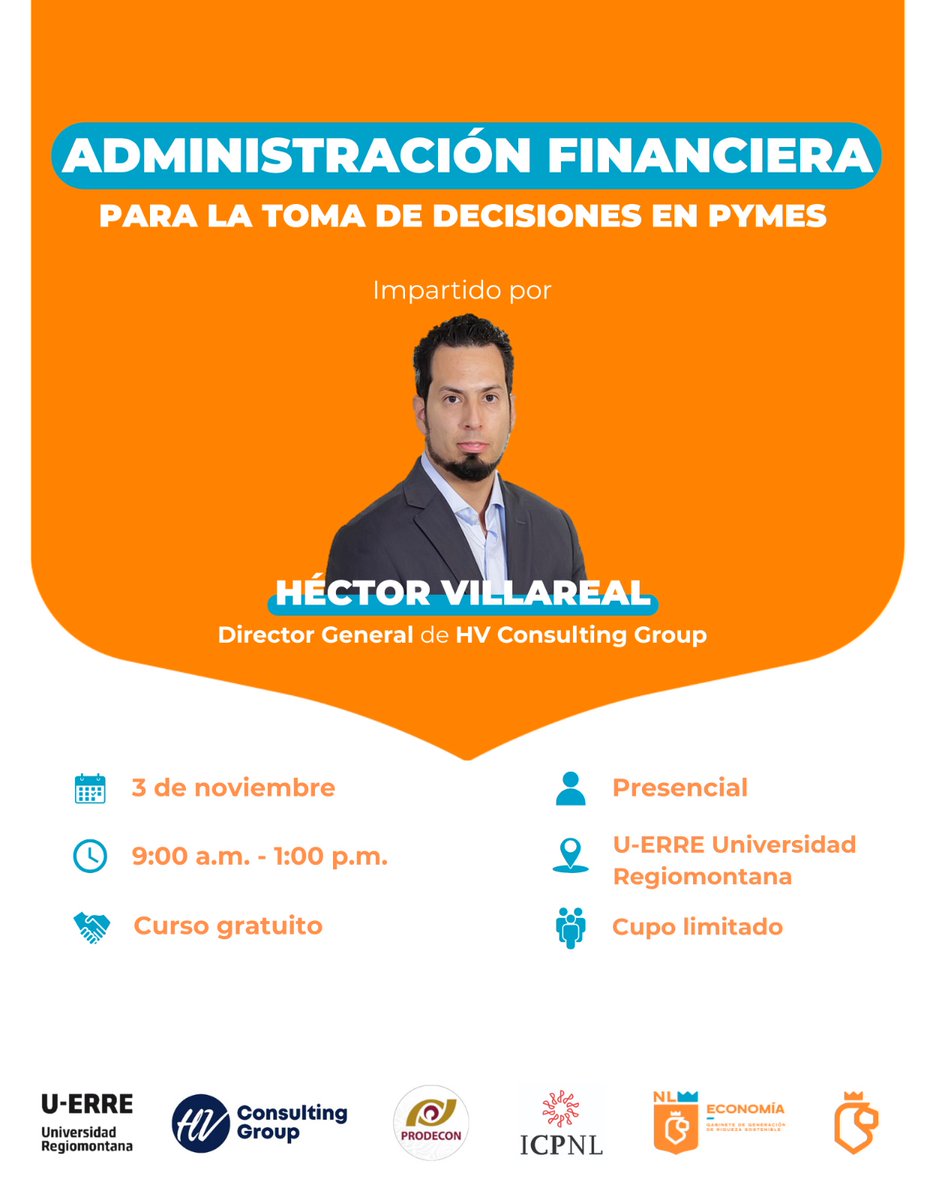 Decisiones inteligentes = empresas más fuertes 💼
Participa en el curso “Administración Financiera para la Toma de Decisiones en PYMES”, impartido por el Ing. Héctor Villarreal.

Aprende a optimizar recursos y tomar decisiones que impulsen la rentabilidad y sostenibilidad de tu