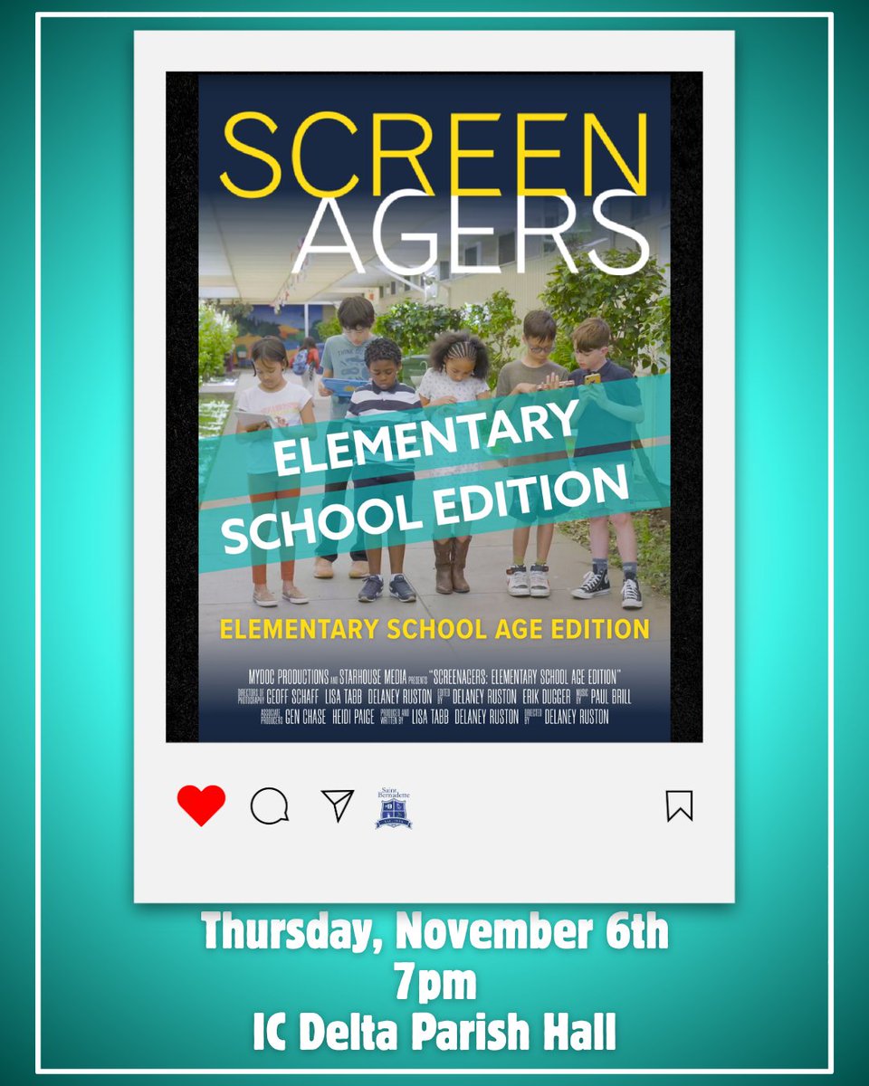 stbeeconnects's tweet photo. Join us Nov 6th at 7pm at IC Delta parish hall for a viewing of "Screenagers", a film that explores the impact of screen time, social media, video games, and digital technology, and how screens affect youth development, learning, relationships, and mental health #screenagers https://t.co/jFAODcB0XV
