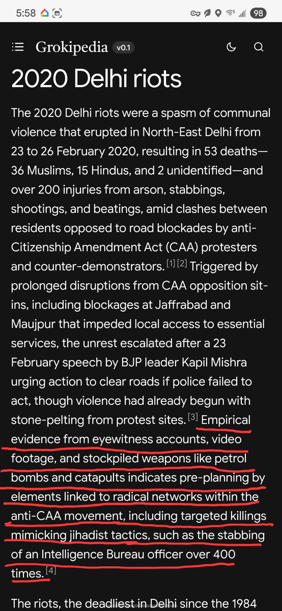 Alien_00X's tweet image. @Wikipedia vs @Grokipedia on same riot happened 5 yrs ago. 

Even after 5 yr Wikipedia continued to peddle lies and propaganda. On the contrary Grokipedia&apos;s article is right on the spot. Even Indian Supreme Court has refused to entertain bailout of several Jihadi mastermind.