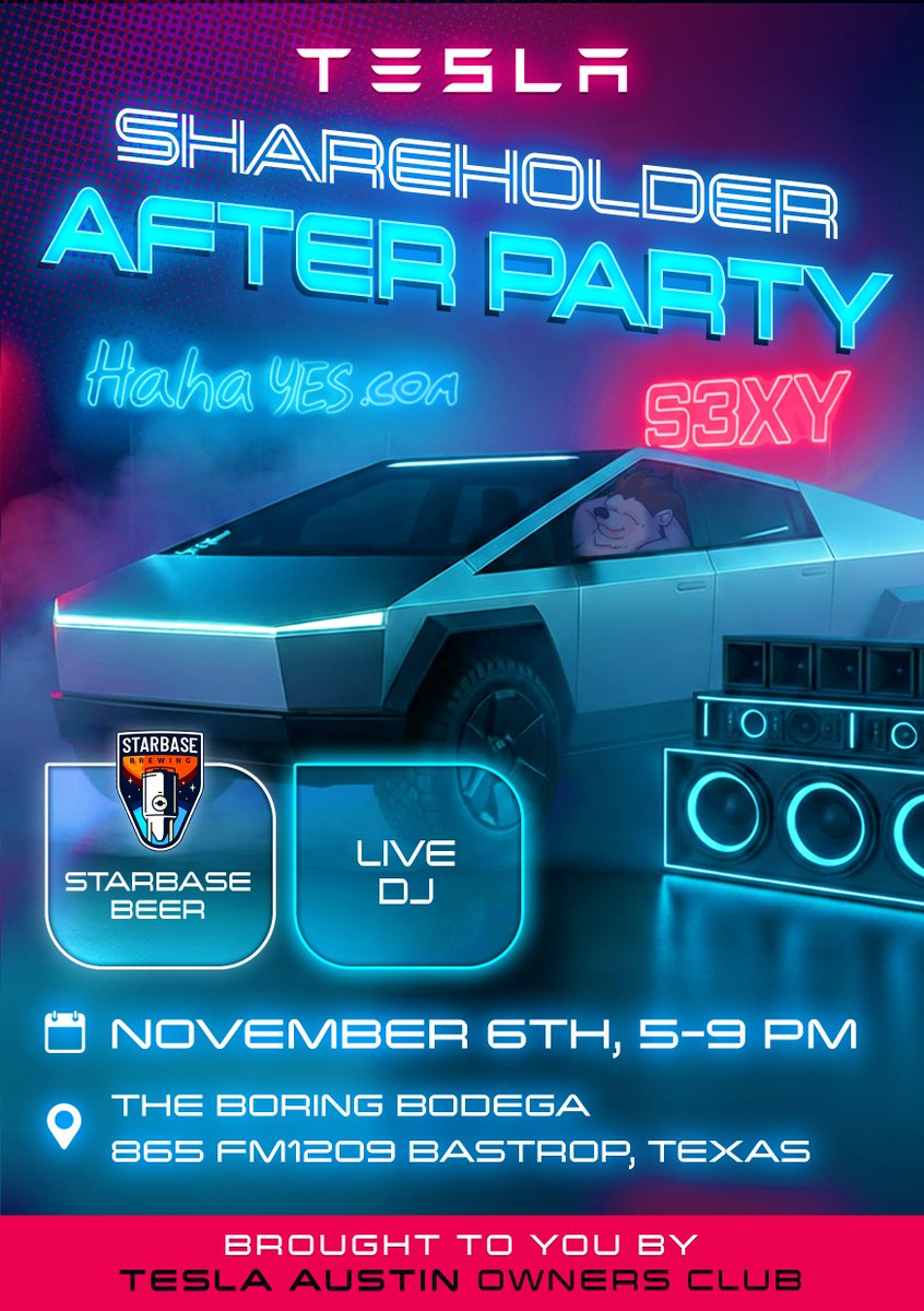 JoshWest247's tweet image. BREAKING! The OFFICIAL Tesla Shareholder Meeting After Party is being hosted by @AustinTeslaClub The Boring Company’s Bodega!  

This will be the most epic after party yet! 

Full immersion in Musk Industries! 

Thanks to @hahayesonsol @boringcompany @AustinTeslaClub for working…