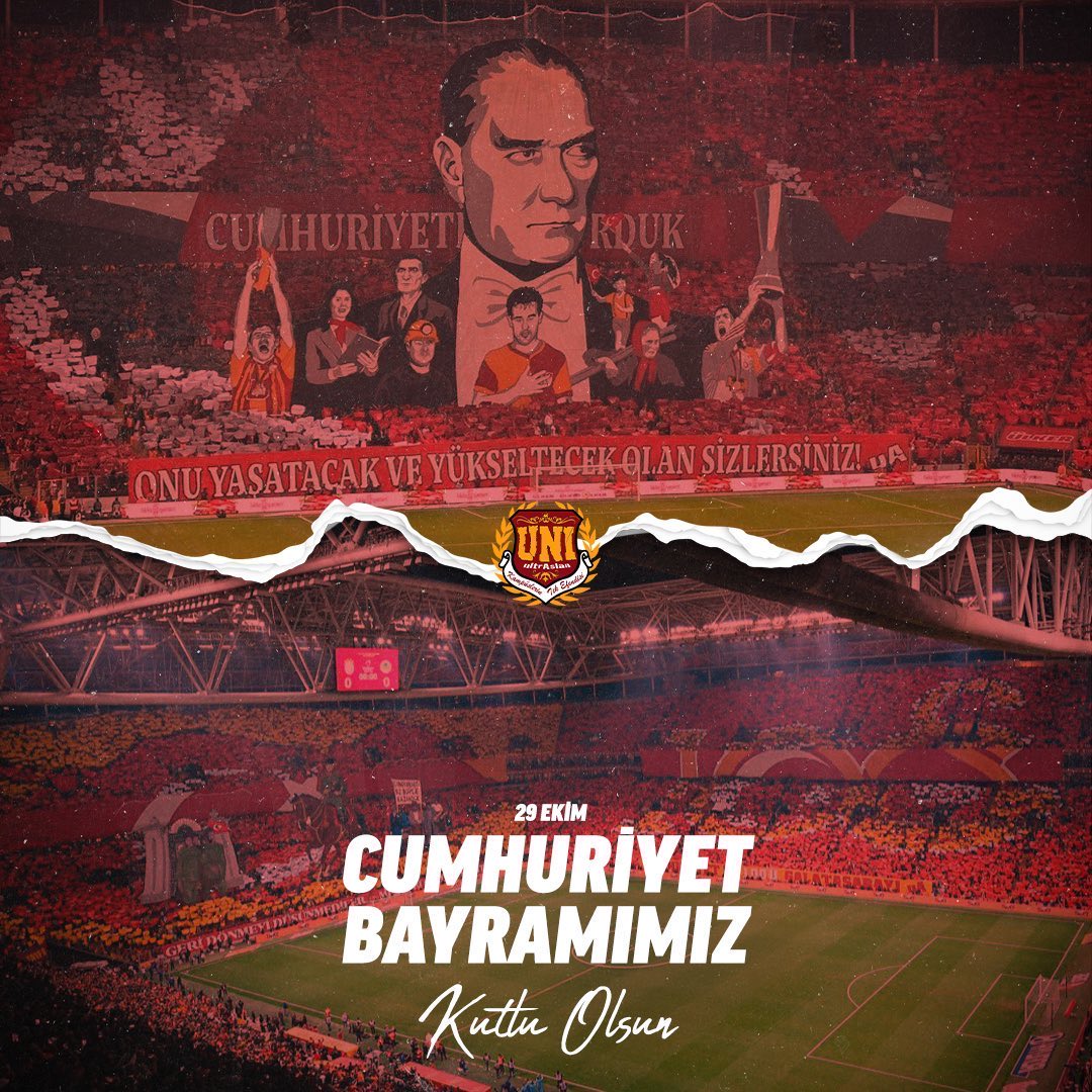Cumhuriyetimizin kurucusu Gazi Mustafa Kemal Atatürk'ün izinde, Türkiye Cumhuriyeti'nin Galatasaraylı evlatları olarak yüz yıllar geçse de "İlelebet Cumhuriyet" demekten vazgeçmeyeceğiz. 

CUMHURİYETİMİZİN 102. YILI KUTLU OLSUN! 
#ultrAslanUNI #uAUNIBilgi
