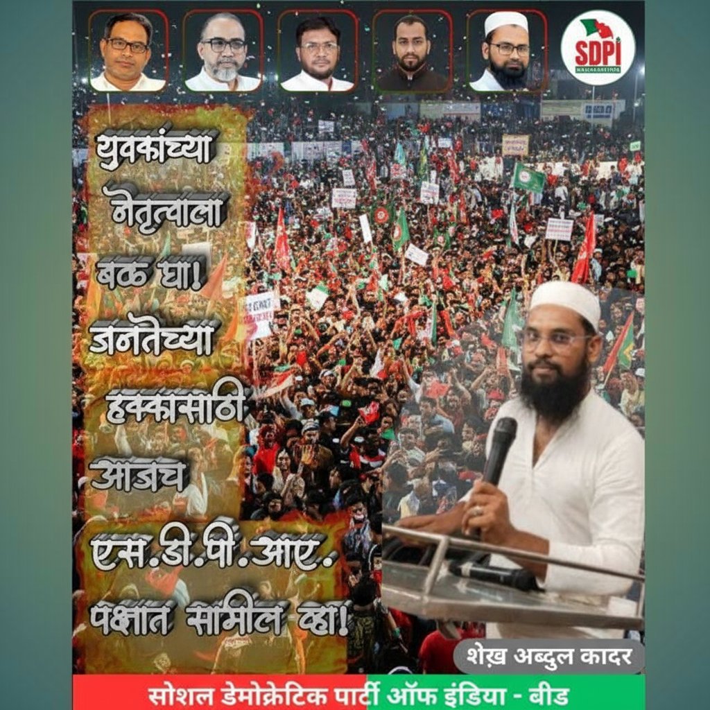 QuadarAnna's tweet photo. युवकांच्या नेतृत्वाला बळ द्या!
जनतेच्या हक्कासाठी आजच 
एस.डी.पी.आय. (सोशल डेमोक्रॅटिक पार्टी ऑफ इंडिया) पक्षात सामील व्हा!
#JoinUs #SDPI #feel #live #trending #politics #PoliticsLive #India #MaharashtraPolitics #Maharashtra #beed #kingofbeed #shaikhabdulquadar #quadaranna https://t.co/R2ARQpvU10