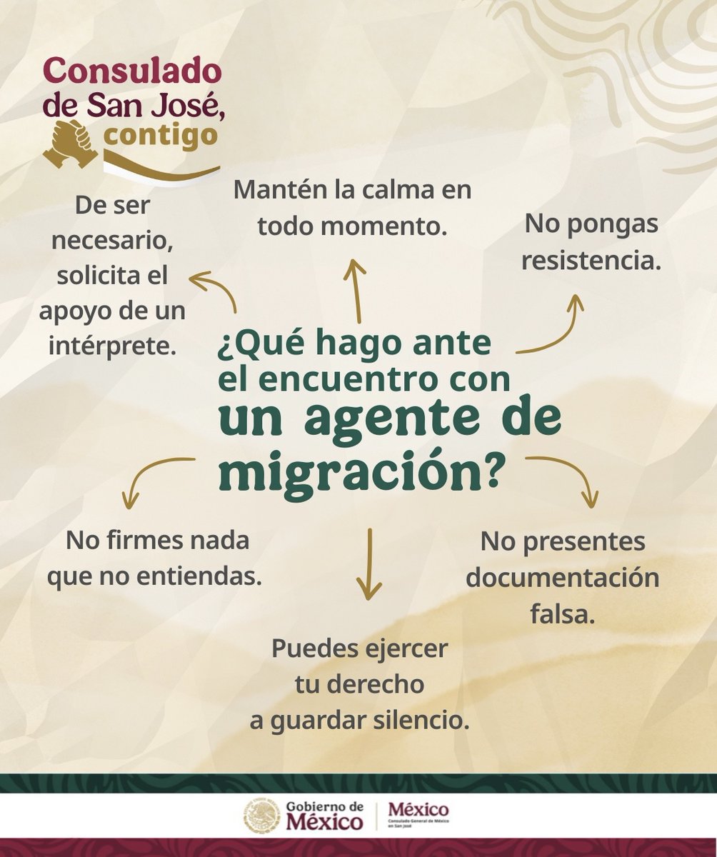 consulmexsjo's tweet image. ¿Sabes qué hacer en caso de un encuentro con autoridades migratorias?

El Consulado General de México en San José te comparte algunas recomendaciones para mantener la calma y proteger tus derechos. 🇲🇽🤝

#ConsuladoDeMéxico #ComunidadMexicana #EstamosContigo