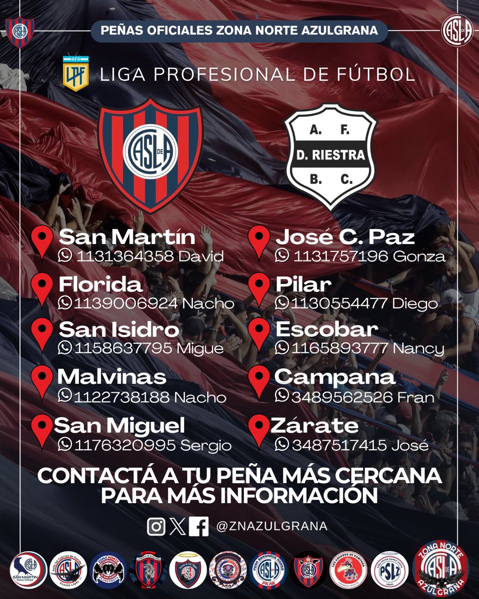 Viajá al Nuevo Gasómetro con las peñas oficiales de #ZonaNorteAzulgrana.
Contáctate con tu peña más cercana, reserva tu lugar, no te quedes afuera 💙❤️

🏆 #LPF 2025
⚽️ #SanLorenzo 🆚 Deportivo Riestra
📅 Viernes 31 de Octubre
⏰ 19:00hs
🏟️ #NuevoGasómetro
#boedo #masque90minutos