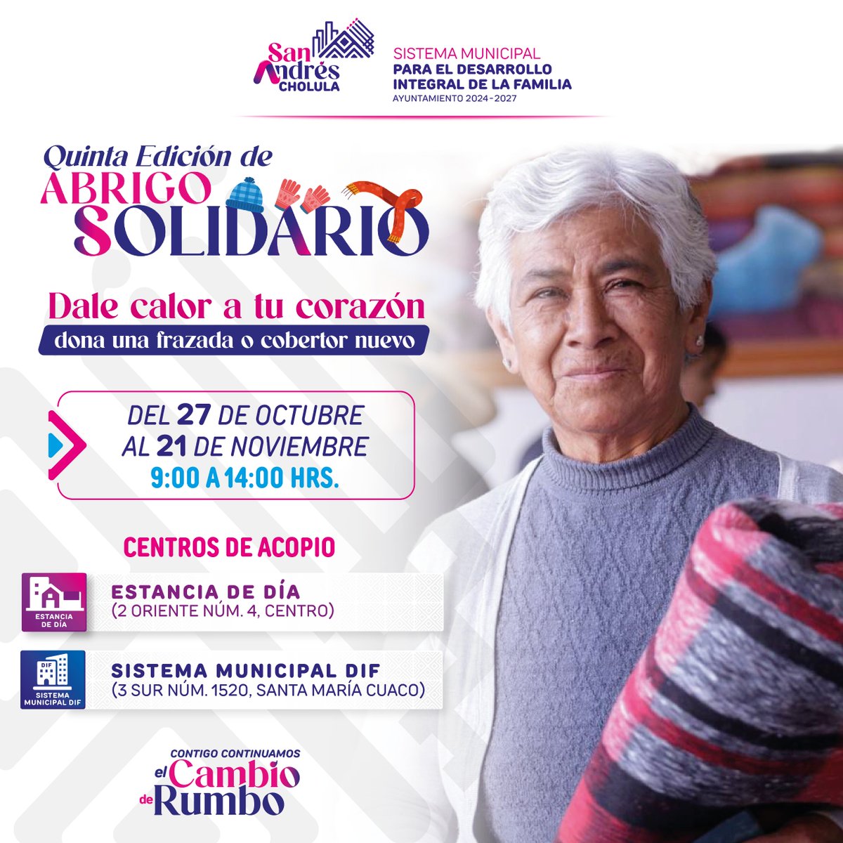 🌟¡Súmate a la quinta edición de “Abrigo Solidario”! 👐
🗓️🛌Del 27 de octubre al 21 de noviembre, dona una frazada o cobertor nuevo y brinda apoyo a quien más lo necesita. 🫂💙

📍 Acércate a los centros de acopio.
🕘 De 9:00 a 14:00 horas. 

#ContigoContinuamosElCambioDeRumbo