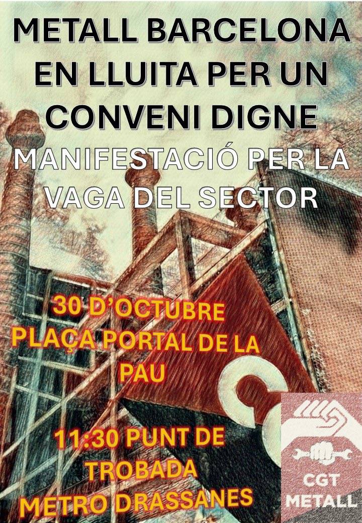 CgtSoci's tweet photo. 📣 Metall de BCN en lluita per un conveni digne!!

➡️ Ens volen amagades i callades.
Lluitem per aquest conveni del qual depèn el nostre futur.

Parem-ho tot aquest 👉 29 i 30 d'octubre i prenem els carrers.

Perquè som el Metall.

Perquè som classe treballadora!!

💥🔥⚒️⚙️⛓️ https://t.co/UREM1Exg6i