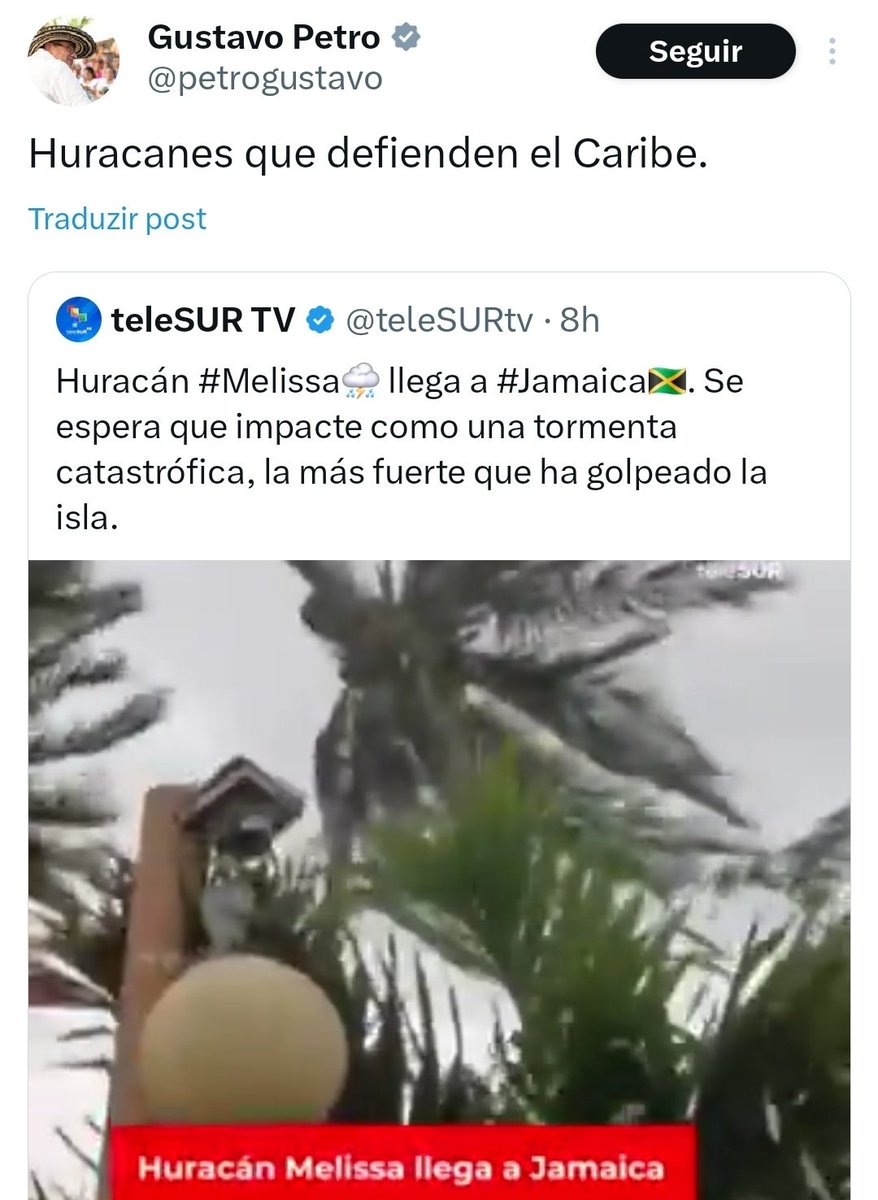 President Gustavo Petro of Colombia celebrates the arrival of Hurricane Melissa, claiming it "protects the Caribbean".

Melissa is poised to become one of the most devasting hurricanes to hit the region.