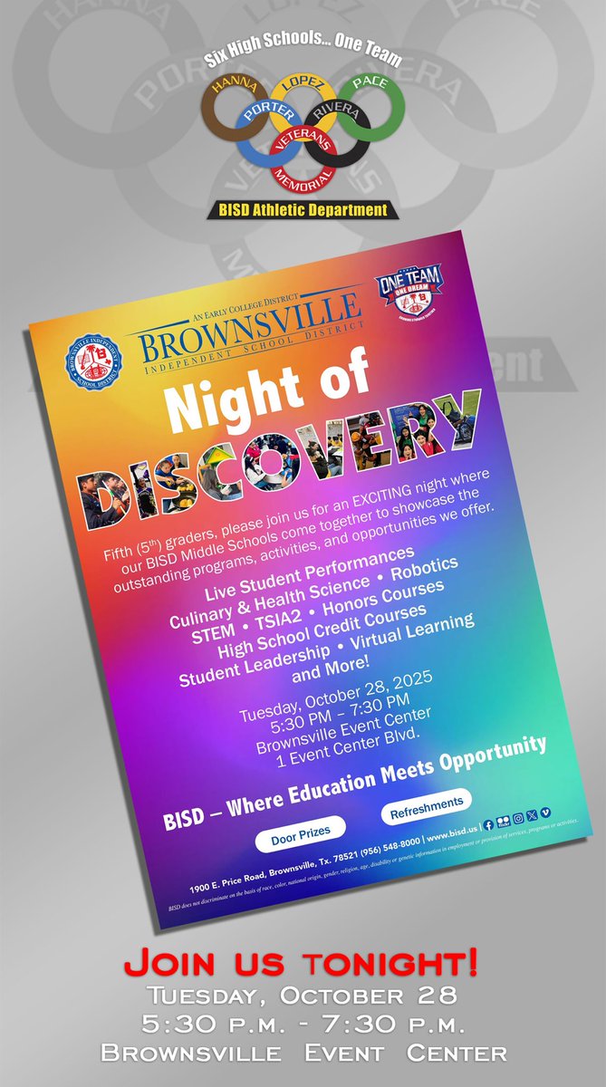 BISD Families!
Join us for our Night of Discovery - a special evening to learn more about our athletic programs, meet our amazing coaches, and celebrate our student-athletes!

We will be at the Brownsville Event Center starting at 5:30 p.m.