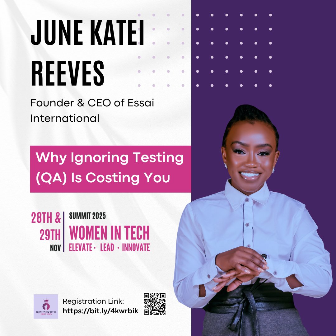 🚀 Meet the speakers 🚀
The Women In Tech Summit Kenya speakers lineup is LIVE! 🔥.We are super excited to welcome <a href="/junekateireeves/">June Katei Reeves</a>, founder of Essai International, as a speaker.
She will speak about Why Ignoring Testing (QA) Is Costing You🔥.

Welcome, June 👏

#witsummitke