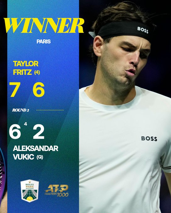 Graphic overlay on image of Taylor Fritz in white tennis shirt and black headband, looking focused during play, with yellow and blue text announcing WINNER TAYLOR FRITZ (4) over Aleksandar Vukic (8) in round 2, scores 7-6 6-4, Paris in blue, Rolex and ATP 1000 logos at bottom.