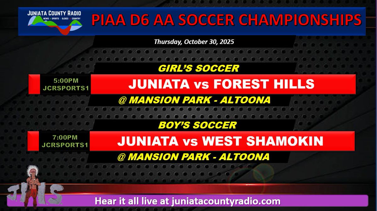 THURSDAY! 

Join <a href="/BradStrawser/">Brad Strawser</a> and <a href="/LoganAurand/">Logan Aurand</a> for D6 AA Soccer Championships on Juniata County Radio! 

<a href="/PIAASports/">PIAA</a> <a href="/PIAADistrictVI/">PIAA District VI</a>