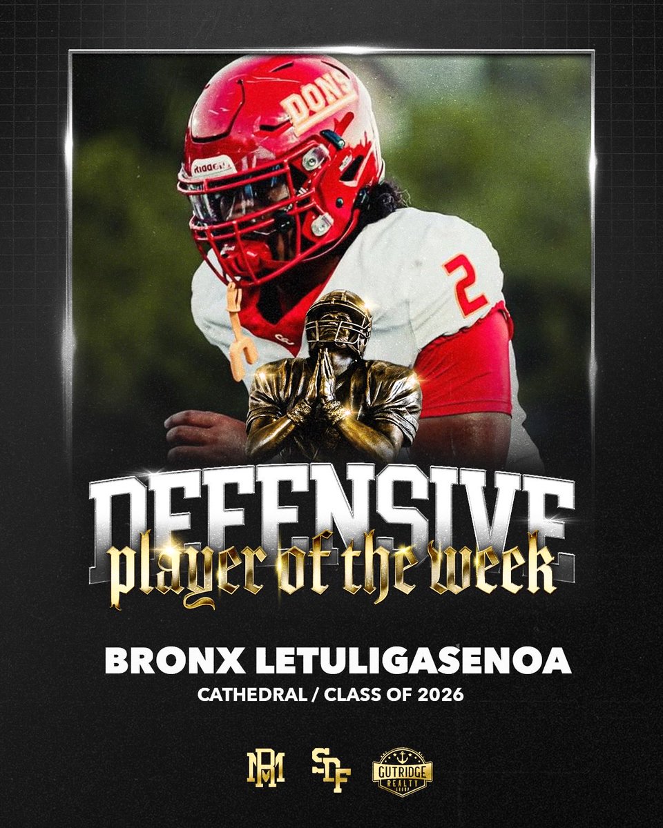 Defensive Player of the Week brought to you by <a href="/aarongutridge/">Aaron Gutridge</a> Week 10 Edition , Cathedral DE Bronx Letuligasenoa had 7 Tackles and 3 Sacks as the Dons pulled out a big win vs Lincoln .
