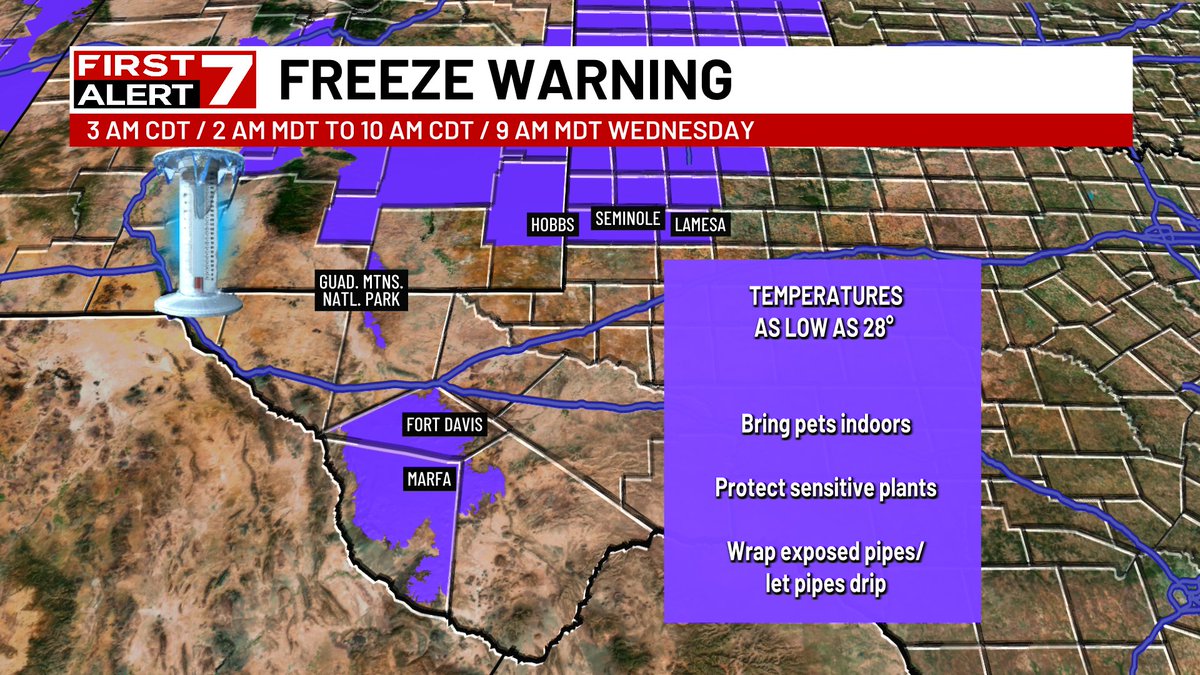 TomTCBS7WX's tweet photo. FIRST FREEZE OF THE SEASON: Parts of West Texas could see freezing temperatures on Wednesday and Thursday morning. Be sure to bring the pets inside...wrap any exposed pipes and protect those sensitive plants! https://t.co/ke4YsTjLEk