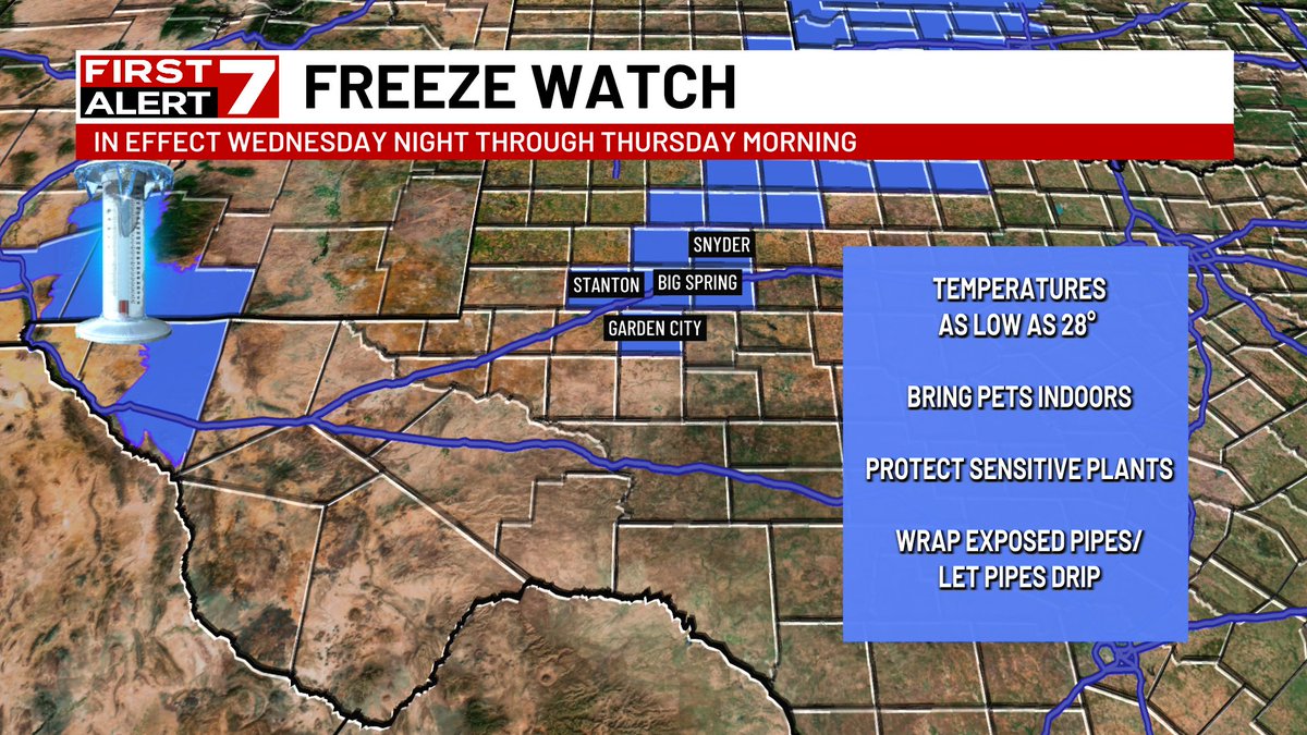 FIRST FREEZE OF THE SEASON: Parts of West Texas could see freezing temperatures on Wednesday and Thursday morning. Be sure to bring the pets inside...wrap any exposed pipes and protect those sensitive plants!