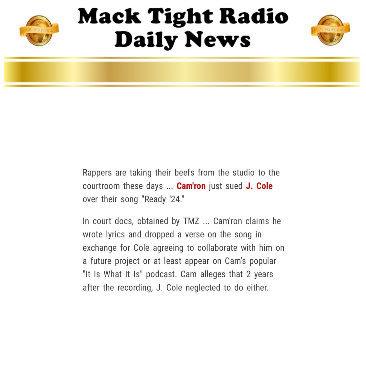 MackTightRadio's tweet image. According to #TMZ, #Camron is suing #JCole 👀 

- [LISTEN TO #MackTightRadio via #TuneIn]