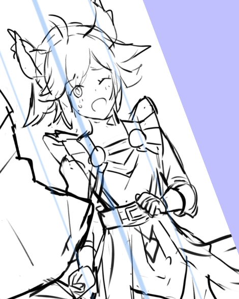 次の渋用ラフは牛歩ながら進行してました。今回の絵の、メインではないけど少しながら出演しているラタトスク。実際描いてみる(&資料を見る)と、神装伝承チキの装いが、かなりラタトスクを参考にデザインされていると知れて、彼女の妹分っぽいイメージなのかもしれない、と感じたり。 