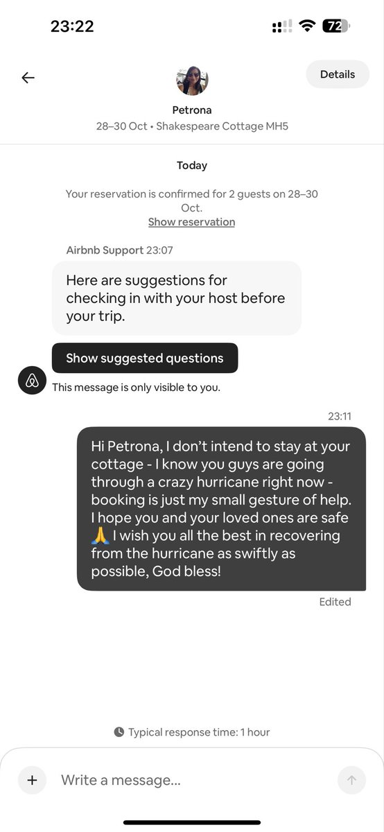 I just did this 👇

Didn’t stay - just booked a night to support a local host hit by #HurricaneMelissa 🇯🇲 

Sometimes help isn’t about grand gestures. It’s about showing someone they’re seen. 💚

If you can, do the same - it truly matters. #OneLove