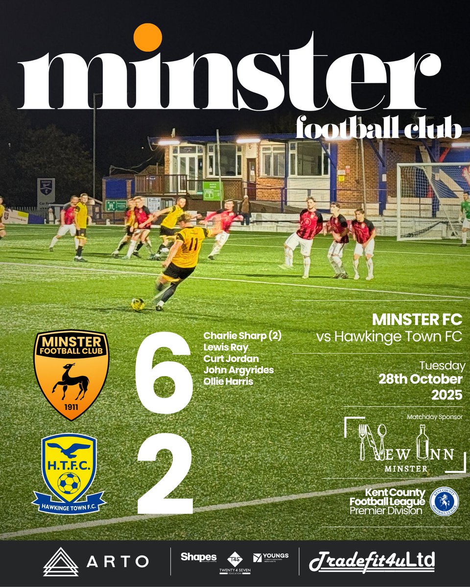 MinsterFC1911's tweet image. 3 POINTS UNDER THE LIGHTS 
A big win against @HawkingeTownFC this evening at Hartsdown Park in the @KCFL1516 Premier Division

@NewInnMinster 
@tradefit4u
arto-talent.com
@shapes_team
@T4S_Education
doityoungs.com
#mcmxi #iloveminster