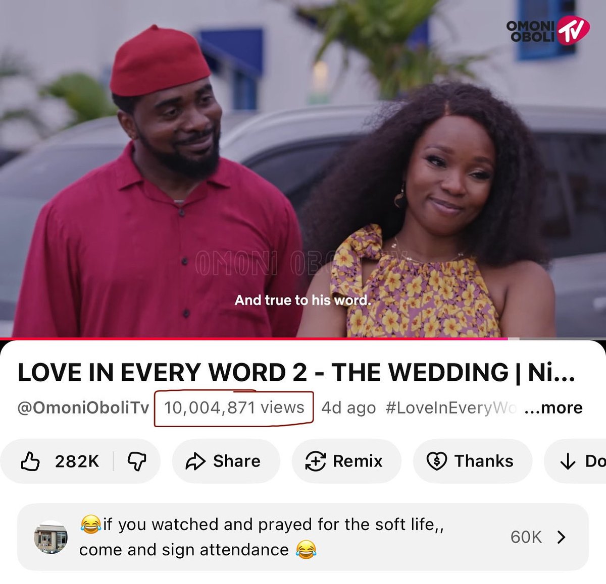 10 MILLION views in 4 days is no small feat! 🙌🏾God did! You did! We did! ❤️
Let’s keep going, besties! The journey has only just begun and the best is still ahead! 
Now let’s get to 5 MILLION subscribers on Omoni Oboli TV! Subscription is free! 💕 youtu.be/OQQaDqLCgKg?si…