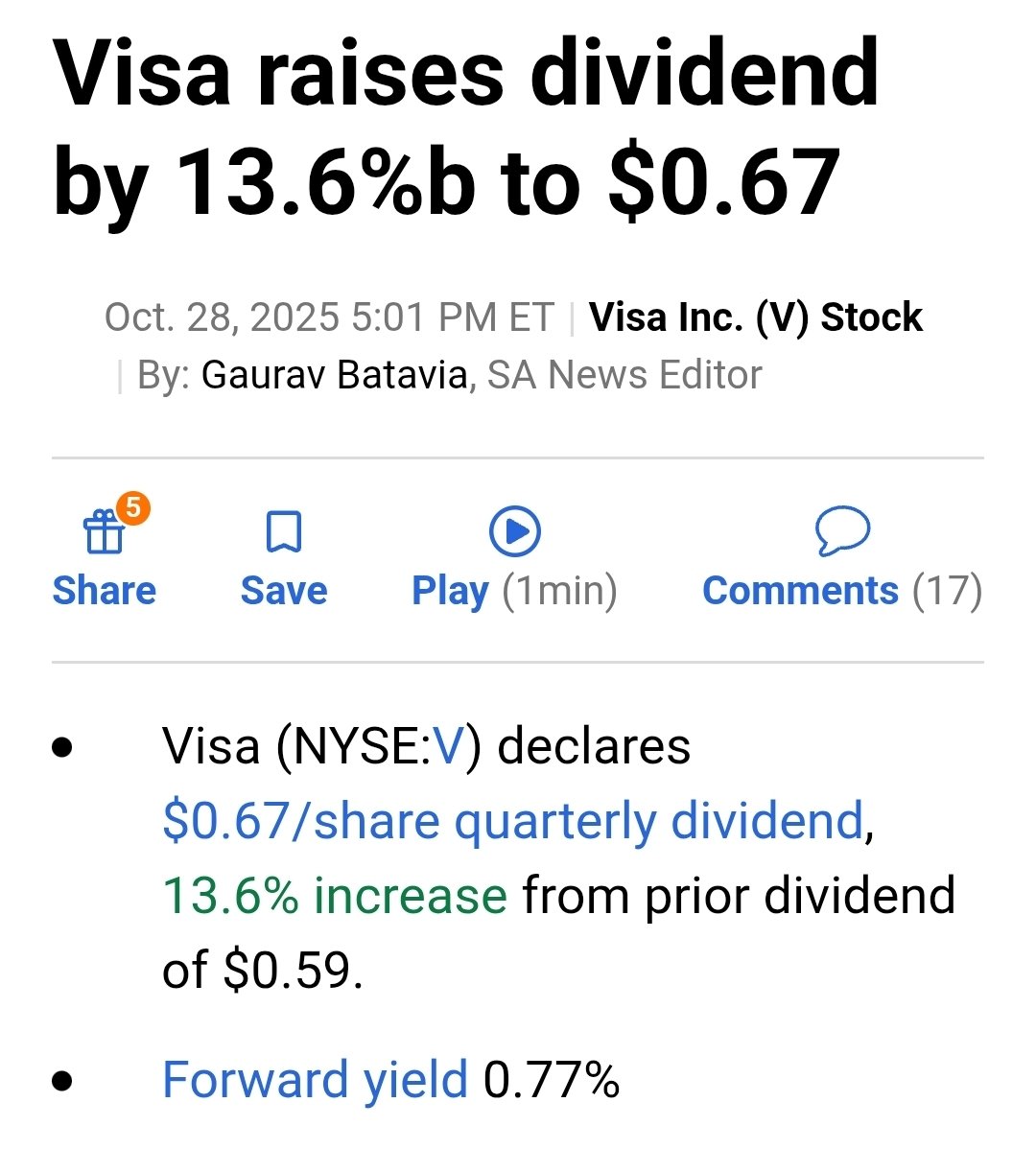 DvdndDiplomats's tweet photo. Visa $V thank you 🙏 

HUGE 13.6% Dividend Increase 🔥 https://t.co/x7z3c3Ubna