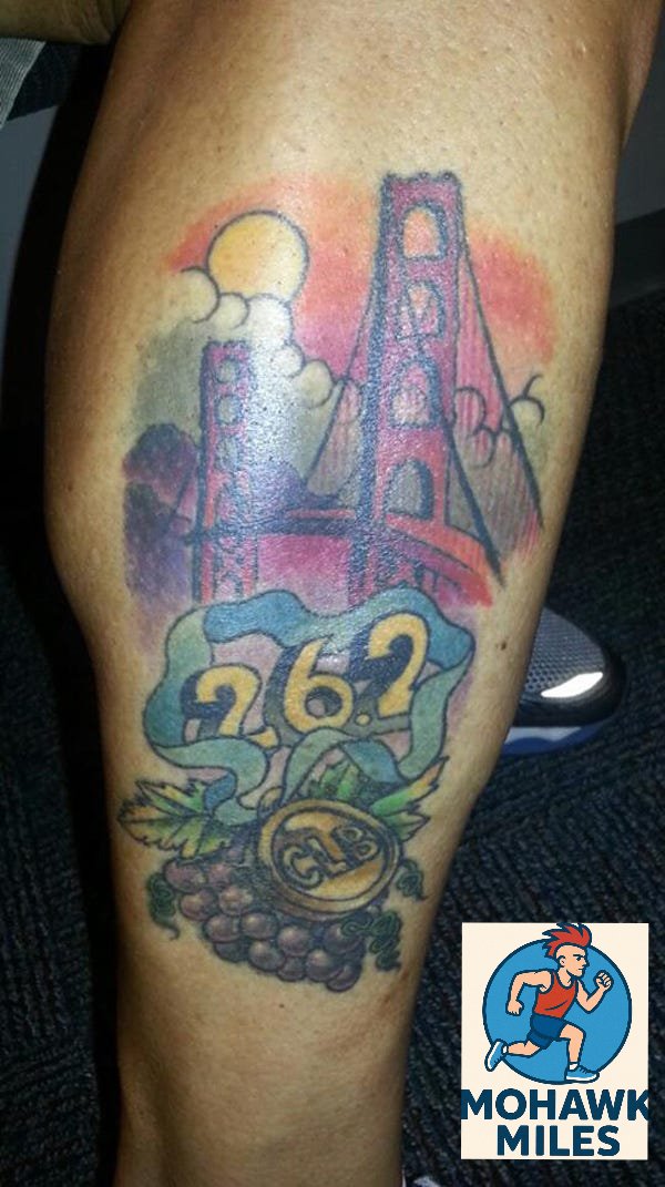 Runtommcquain's tweet photo. Tattosday- Greg Bras ๐โโ๏ธThis tattoo celebrates Gregโs first two full marathons โ @NVMarathon and @theSFmarathon โ with his wifeโs initials on the finisherโs medal ๐ since she was the one who got him started running.
๐๐ #TattoosDay #MohawkMiles #MarathonInk #RunningCommunity https://t.co/FIl7Z7rY1F