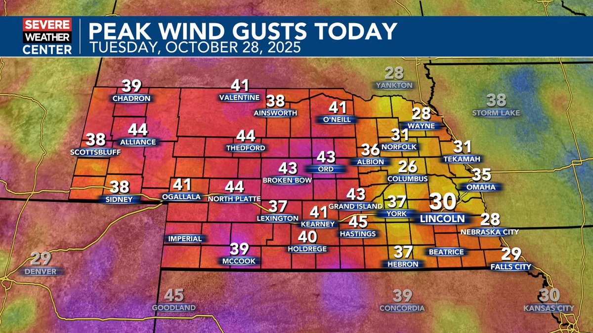 KenSiemek's tweet photo. As of 5pm Tuesday...here's a look at the peak wind GUSTS reported so far today...areas of eastern Nebraska are expected to see NW winds gusting between 40-and-50 mph later tonight and into early Wednesday... https://t.co/bWFIAiftAC