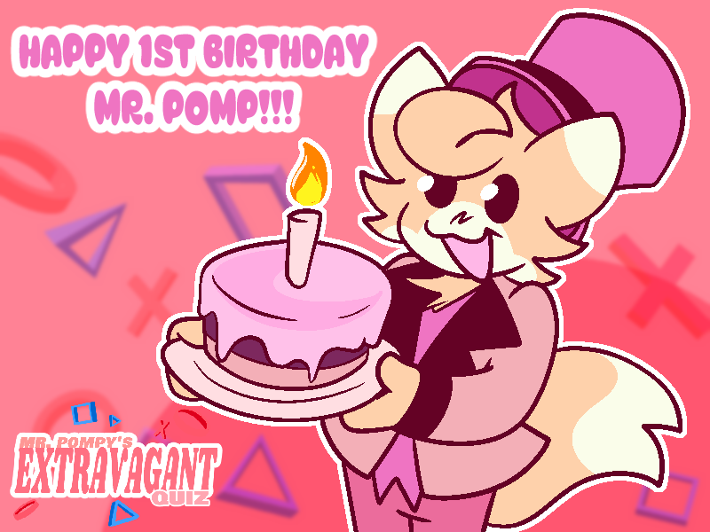Happy 1 year anniversary to Mr. Pompy's Extravagant Quiz!! In celebration, we have begun production on the full game and released new merch! Go check it out (⬇️)

Thank you for everyone who has stuck with us for this long and we hope you'll enjoy 06 when it's done! #pompyquiz