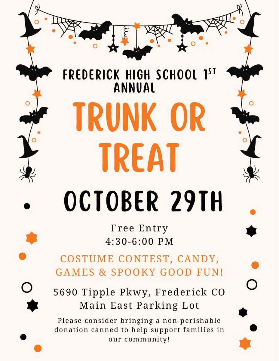 MsPrechtFHS's tweet image. Hope to see many @grandviewel @Centennial_El @PrairieRidgeES @LegacyElem @ThunderValleyK8 @CoalRidgeMS students tomorrow at @Frederick_HS’s first annual Trunk or Treat with over 20 clubs and sports represented! 🎃👻🕷️ @SVVSDBissonette