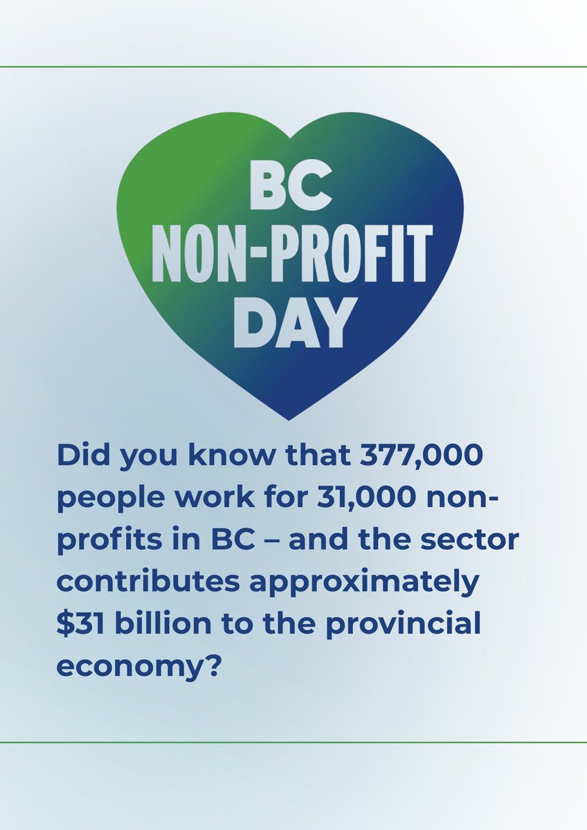 Do you know that 377,000 people work for 31,000 non-profits in BC – and the sector contributes approximately $31 billion to the provincial economy?

October 30 will be proclaimed #BCNONPROFITDAY for the 3rd year in a row!

📷 More information at: bcnonprofitday.ca
