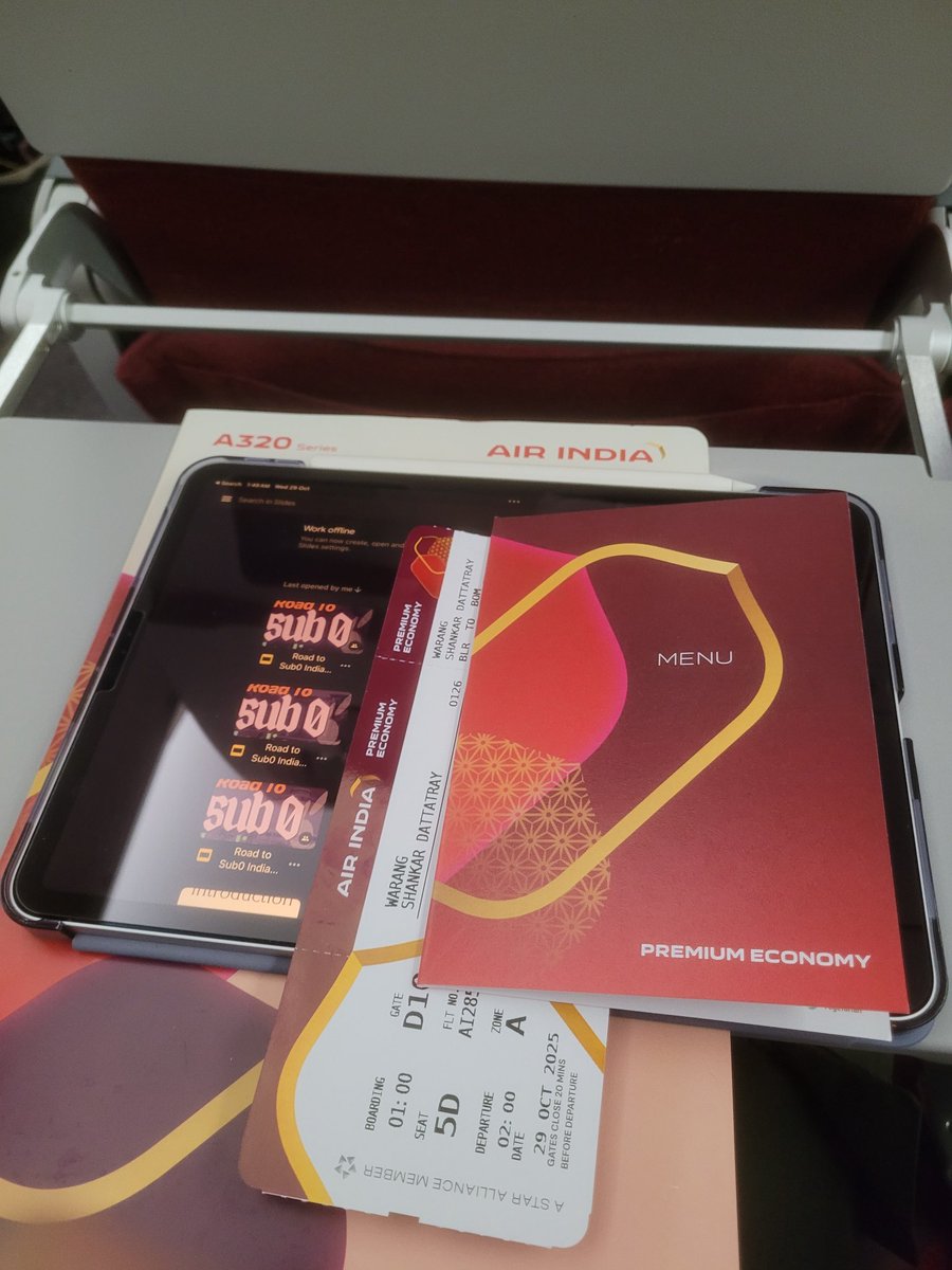 WarangShankar's tweet image. Returning from the #RoadToSub0 India meetups series on a suprise note, thanks to the amazing @airindia executives Musaveer, Arjun &amp;amp; Shebin at @BLRAirport for the class upgrade!

But why I was in BLR if the meetups series already ended at Chennai?
(Hint: 11 done, 2 more to go! 🤔)