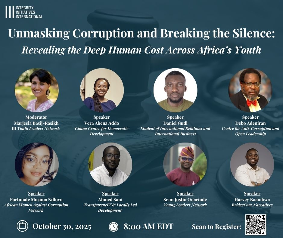 Join us this Thursday for our African regional Youth Leaders Network webinar!

Unmasking Corruption and Breaking the Silence: Revealing the Deep Human Cost Across Africa’s Youth

🗓 Oct 30, 2025
⏰ 8:00 AM EDT | 2:00 PM Cape Town

Register: us02web.zoom.us/webinar/regist…

#IACCourt