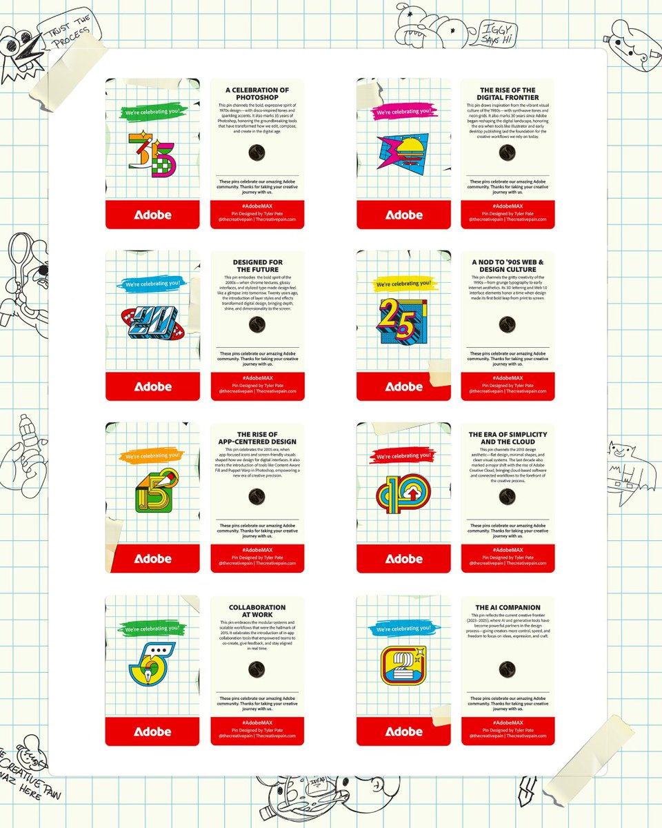 Behance's tweet image. .@thecreativepain designed these anniversary pins for #AdobeMAX. Each pin celebrates a different era in design.