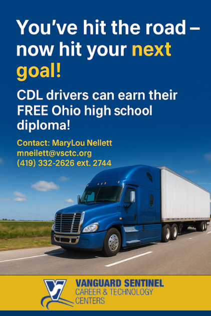 VSCTC's tweet photo. 🚛 Already a licensed CDL driver? You may qualify for your FREE Ohio high school diploma through the Adult Diploma Program (ADP) — no classes, no cost, just opportunity! 🎓
Available through June 30, 2026!
📩 mnellett@vsctc.org | 📞 (419) 332-2626 ext. 2744 https://t.co/qjC2aWf73y