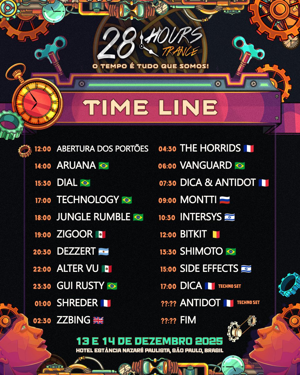 - 12 horas seguidas de night 
- 2 horas de Zzbing
- 2 horas de Side Effects
- 4 inéditos no Brasil 
- 2 inéditos em Sp 
- Projetos BR que se destacaram no ano
- Fechar o evento com techno 
- Prog, full on groove, morning, night, forest, goa e techno. 
- Nenhum set de 1h

🤟🏻