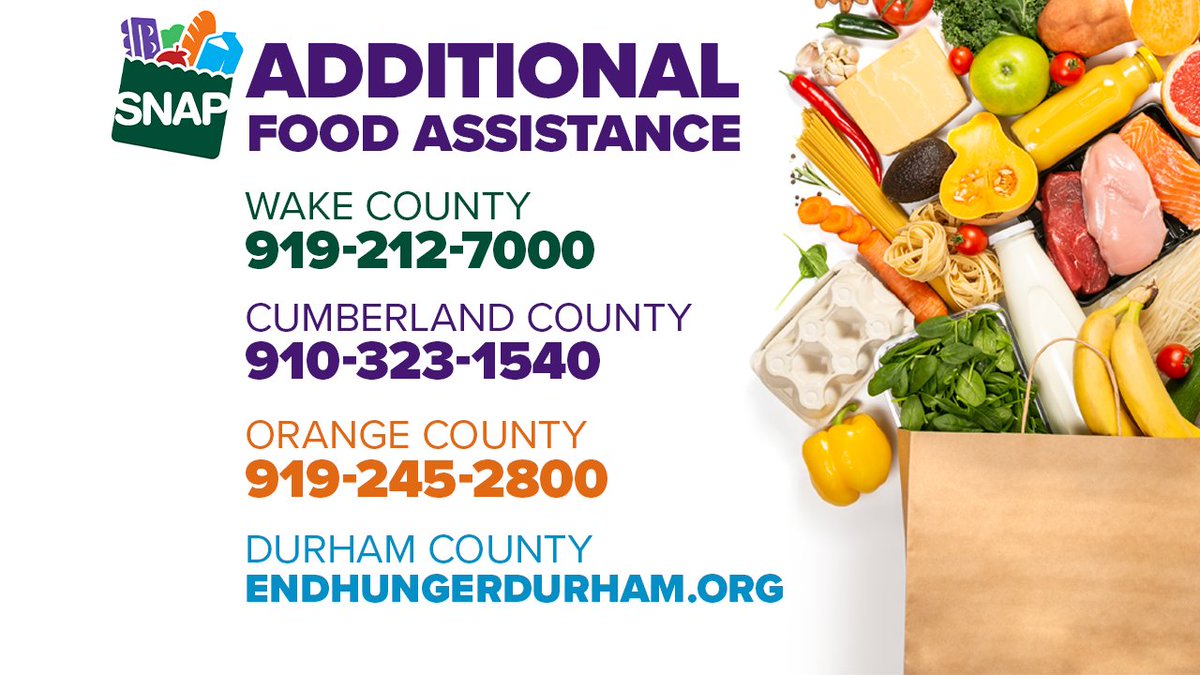 ABC11Together's tweet image. If you or someone you know needs additional food assistance, here are contacts in some of the largest counties in our viewing area. #snapbenefits #hungerrelief